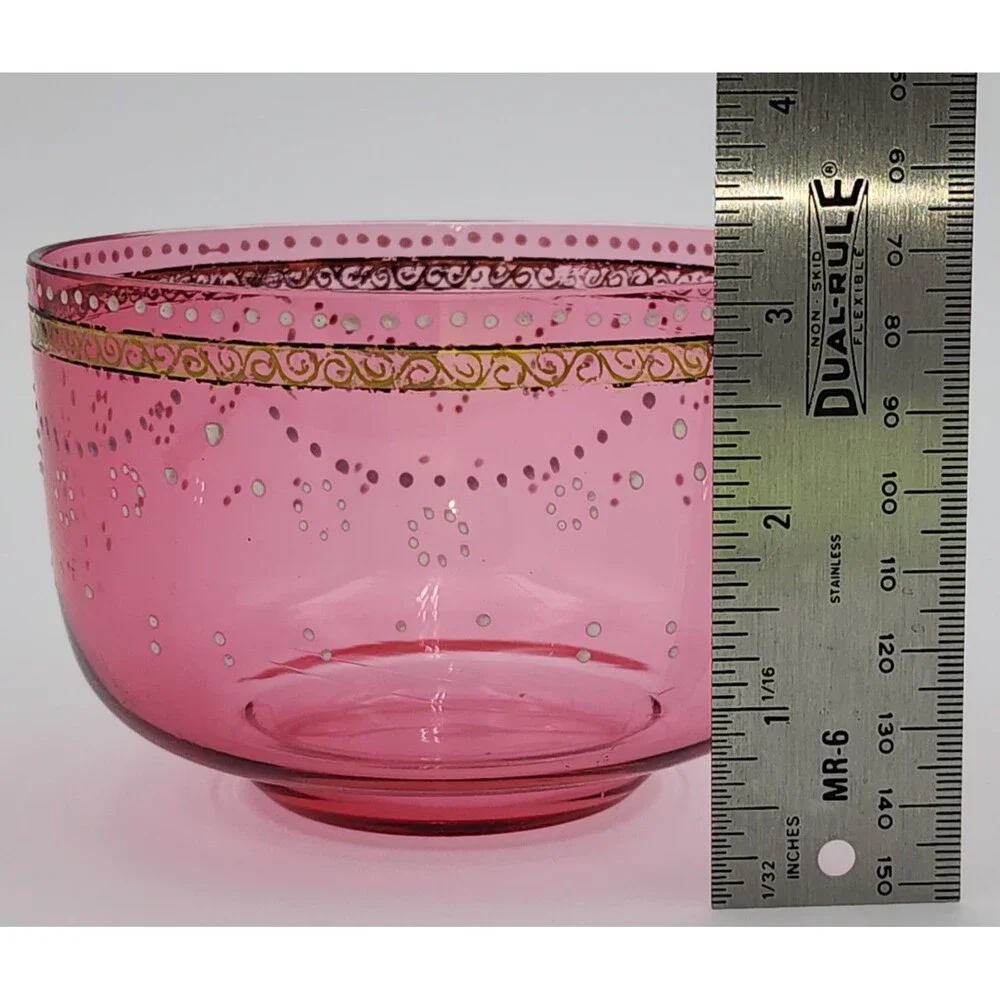 Vintage Cranberry & Gold Art Glass Bowl with Raised Enamel Floral Decorations
